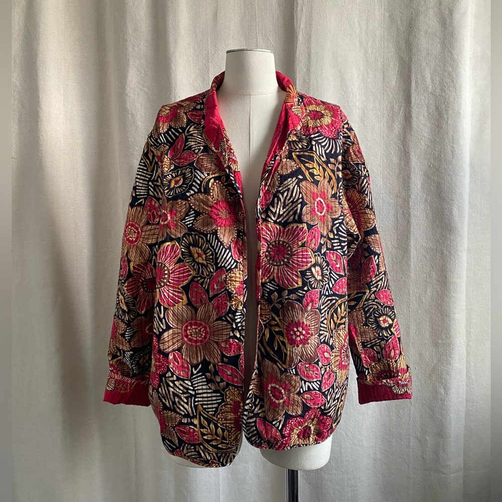Vintage reversible floral batik jacket sz XL red black tan